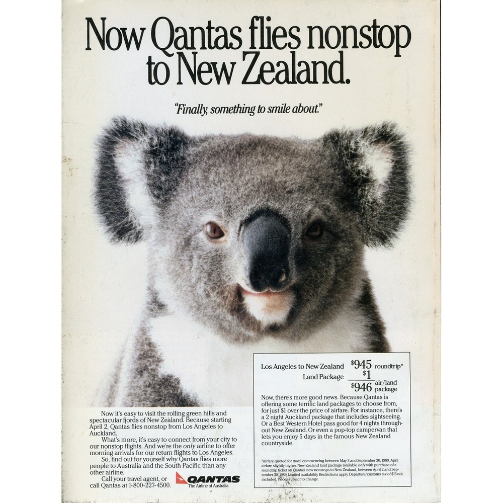 Vintage 1989 Print Ad Qantas Airline Koala Nonstop to New Zealand Flight‎ Travel